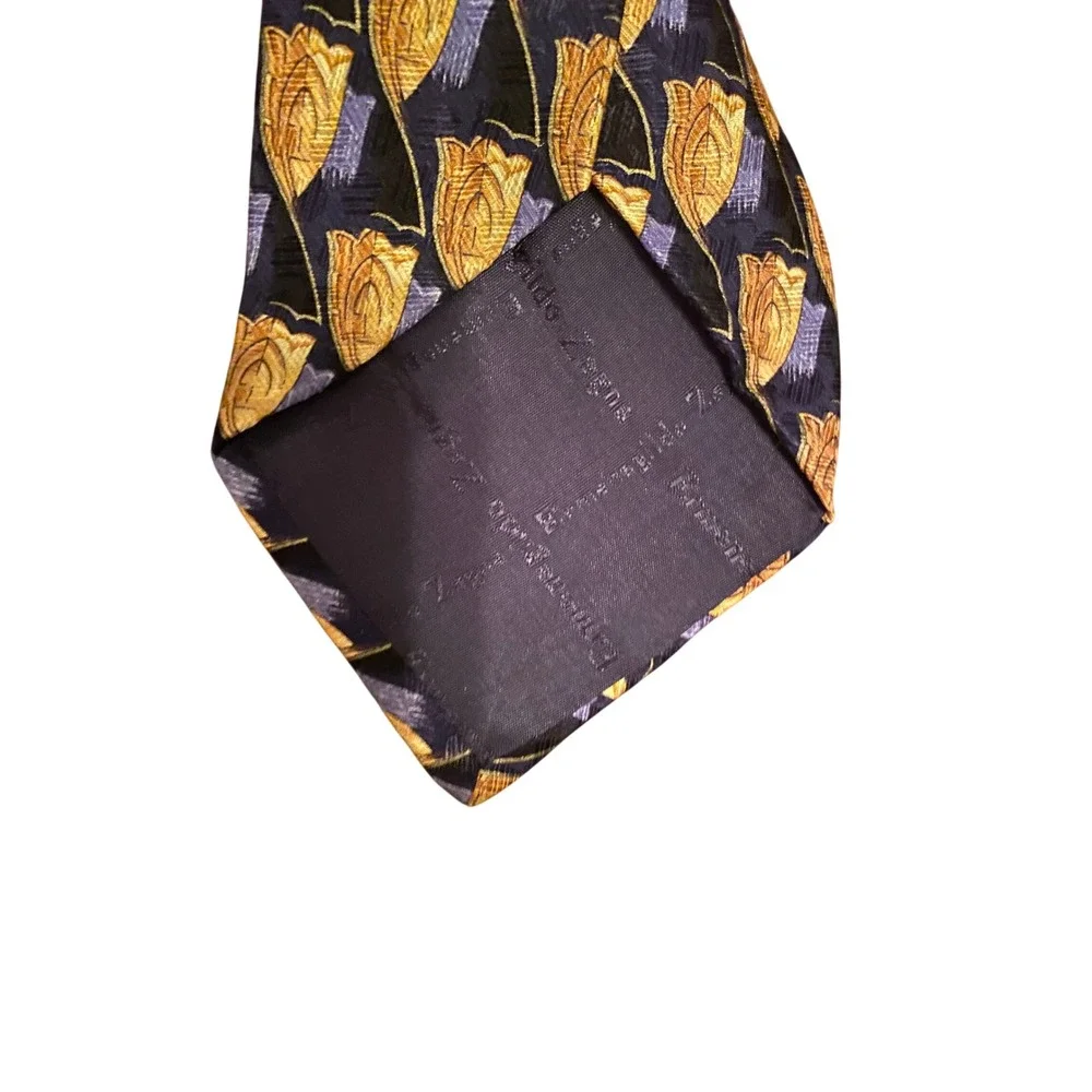Ermenegildo‎ Zegna Mens Silk Tie Navy Blue Gold Floral Tulip Made in Italy 2405